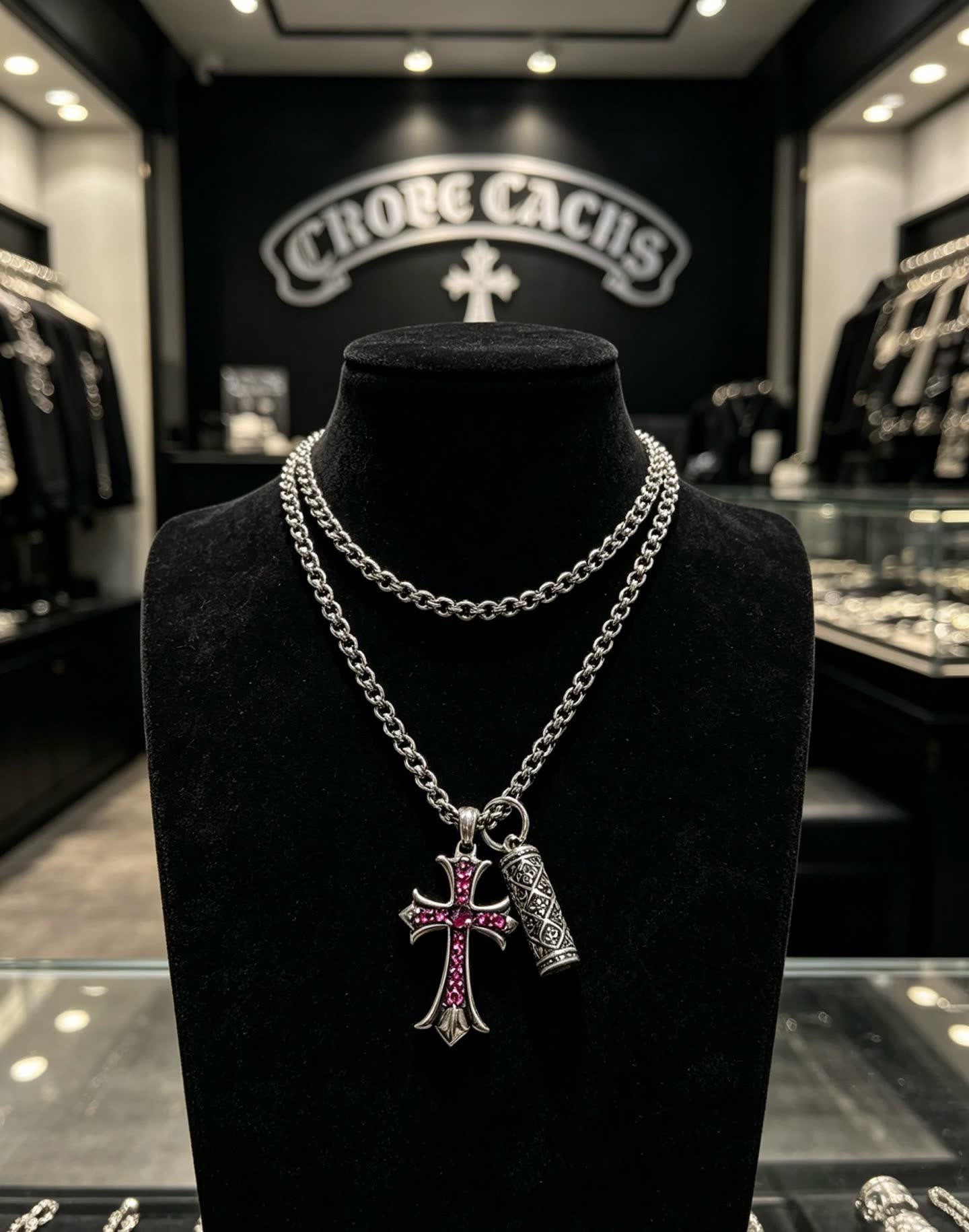 Chrome Hearts Silver Cross Pendant with Ruby Accents and cylindrical charm